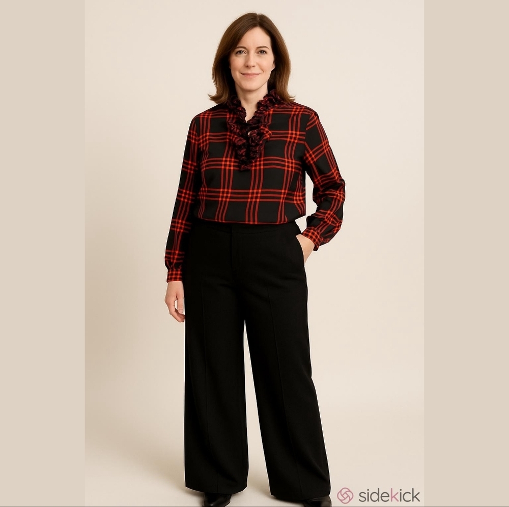 Elizabeth McKay Blouse 14 Silk Ruffle Checkered Office Interview Timeless Career